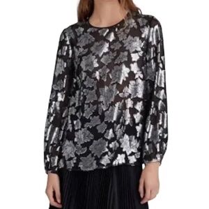 Club Monaco Metallic Pattern Silk Blend Semi Sheer Blouse In Floral Print - XXS